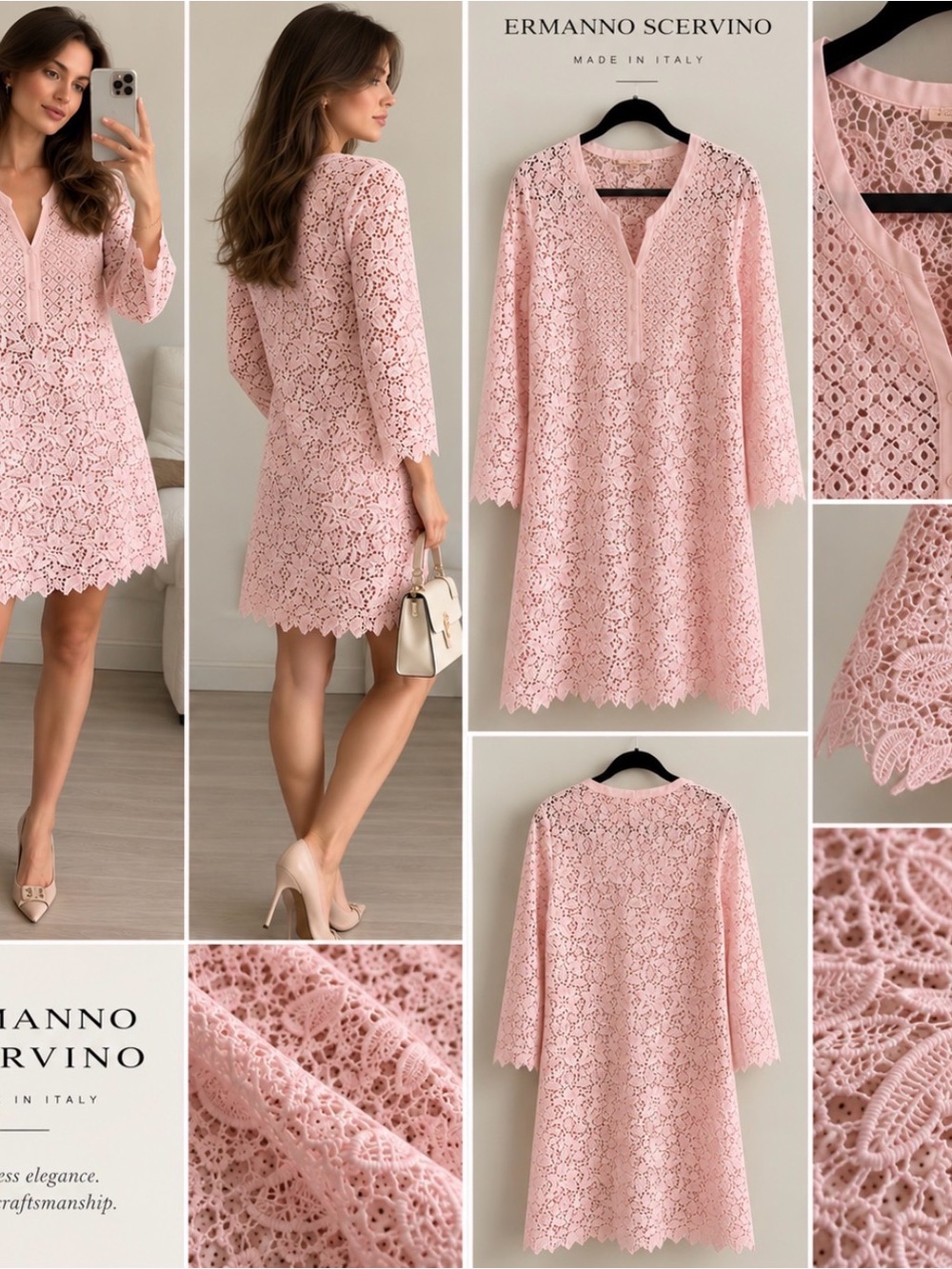 Ermanno Scervino Blush Pink Lace V-Neck Mini Dress